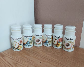 Vintage Milk Glass SPICE JAR SET 6, Italy, 1970s