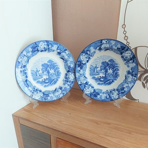 Könnte beinhalten: Zwei blaue und weiße Porzellanplatten mit floralem Design und einer ländlichen Szene. Die Teller stehen auf Präsentationsständern.