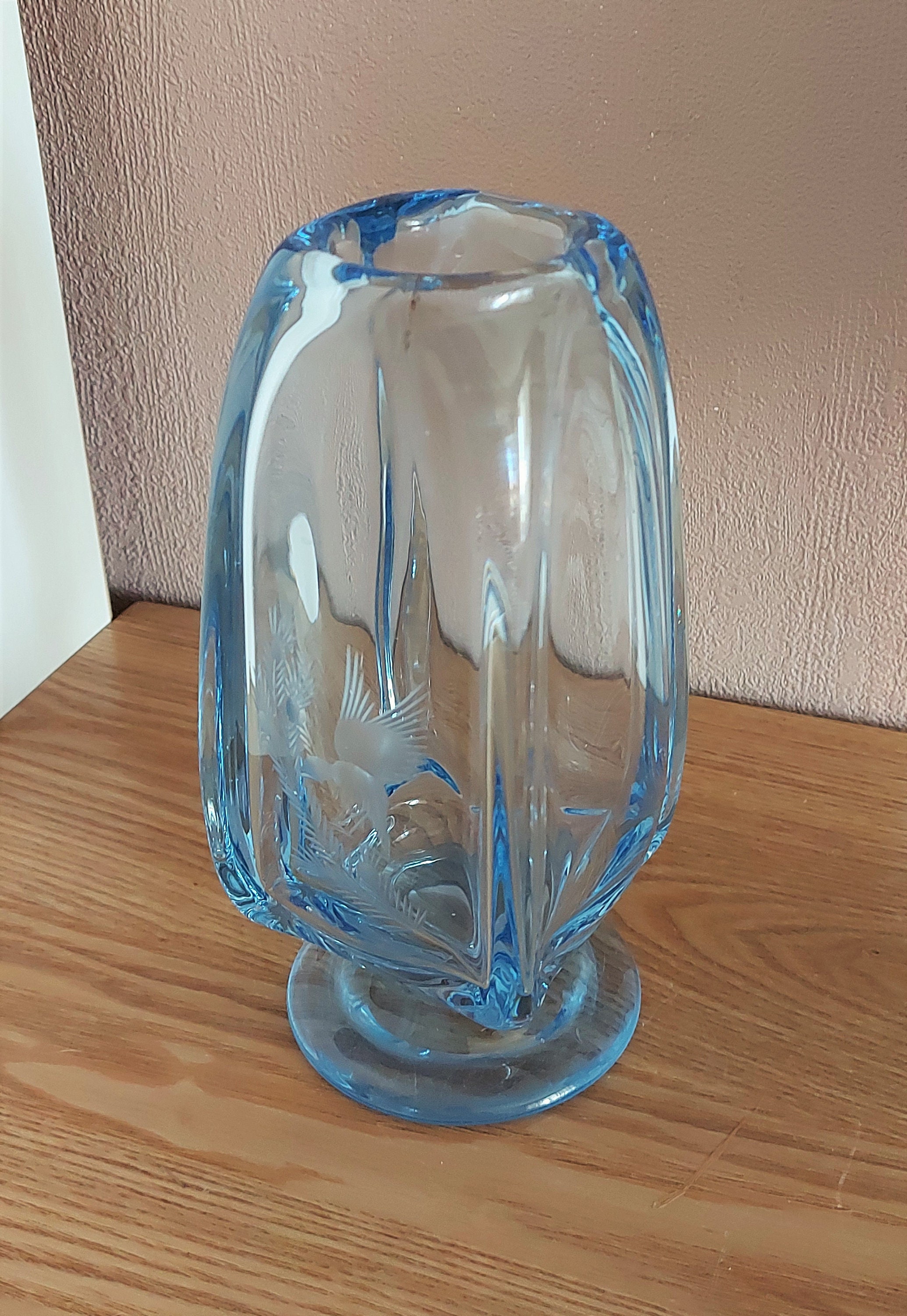 KOSTA BODA Blue Crystal Vase with bird1950s Etsy