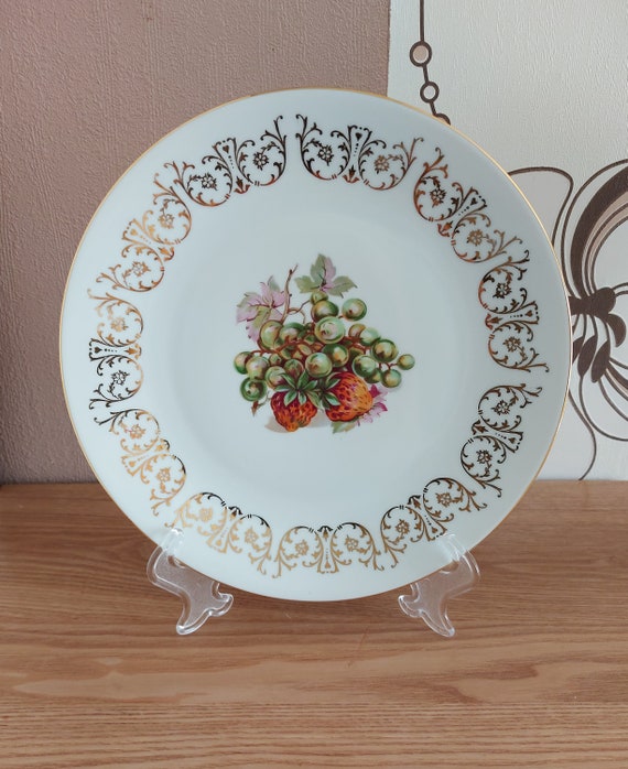 Vintage Czechoslovakia porcelain dinner plate, Czech Fruit design tableware