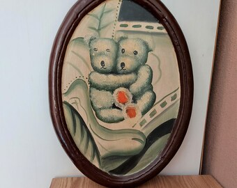 Vintage OIL PAINTING with Baby Bears, Vintage Art Pair of Bears