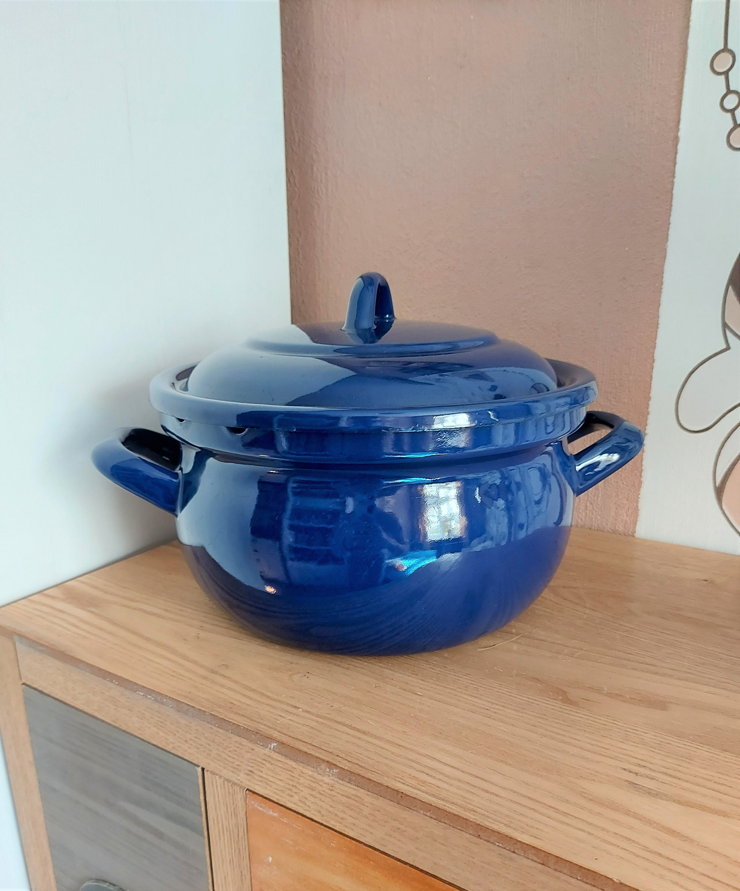 Vintage Enamelware Large Lidded Cooking Kettle Pot Light Blue Teal Color  With Black Trim Accents 6 in Tall by 10 in Diameter UNIQUE COLOR 