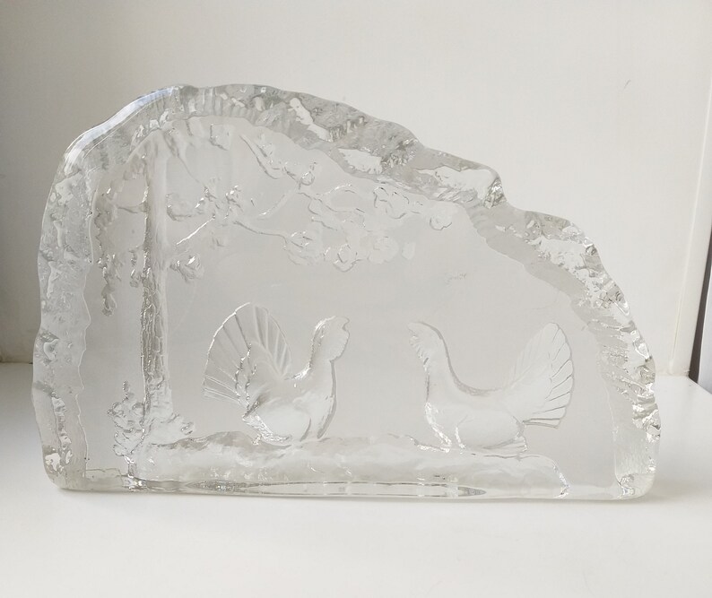 Paperweight Swedish Art Glass 1980s Vintage NYBRO Crystal with WOOD GROUSE Scene Sweden