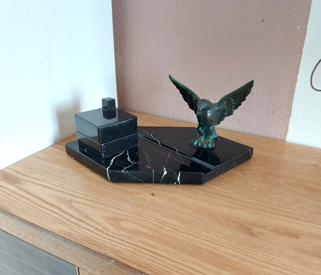 Vintage Black Marble Desk Inkwell With Bronze Eagle, Vintage Stone ...