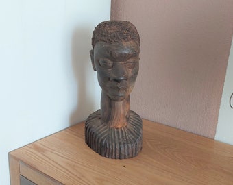 Vintage African Wooden Boy Head , Hand Carved Wooden Bust, African Male Ethnic Art