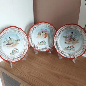 Vintage Porcelain Dessert Plate with  Asian Motive SET 3, Chinese Porcelain Plate