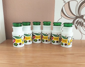 Vintage SET 6 Milk Glass SPICE JARS with vegetables motive, Italian White Glass, Italia, 1970s