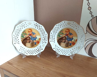 Vintage Collectible Porcelain Wall Plate SET 2 ,design by Jenny Nyström, Sweden, 1980s