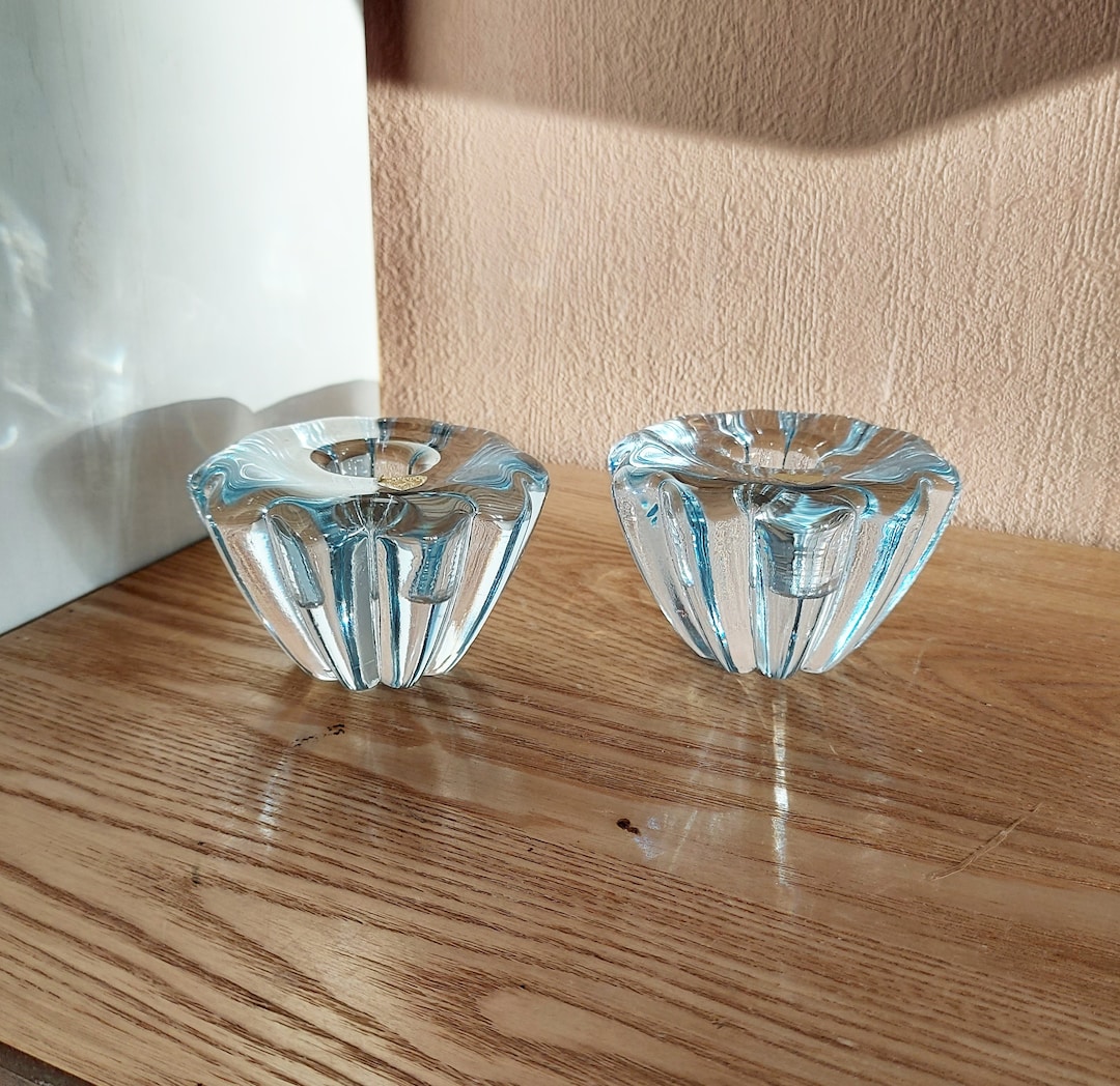 Vintage ORREFORS Stella Glass Candle Holders SET 2, Sweden, 1960s