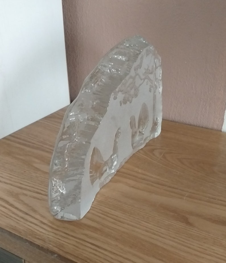 Paperweight Swedish Art Glass 1980s Vintage NYBRO Crystal with WOOD GROUSE Scene Sweden
