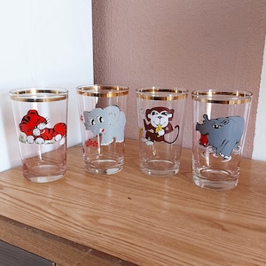 Vintage Сhildren&#39;s Glasses for Water or Juice with African Animals print SET 4