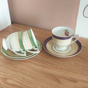 KÖNIGL.PR.TETTAU Vintage Germany porcelain Coffee Set 6, 1950s  Vintage Germany porcelain blue and green golden set