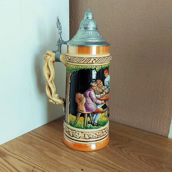 Vintage Ceramic Beer Stein, Large Beer Mug with Lid, Germany, 1970s