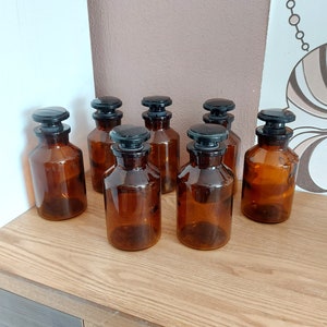 Vintage Brown Glass Apothecary Jar SET 7, Glass Medical Bottle Set