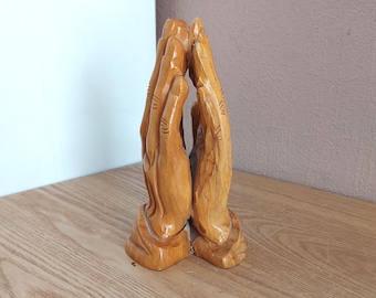 Mãos de oração de madeira autênticas da Terra Santa vintage, mãos de madeira artesanais