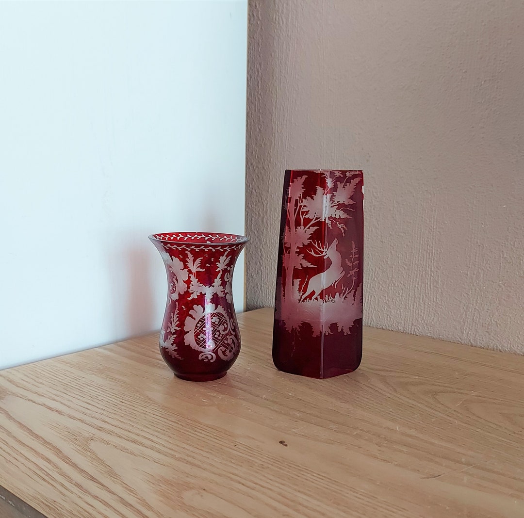 Vintage Ruby Red Glass Vases SET 2 , Burgundy Cut to Clear Glass Vase