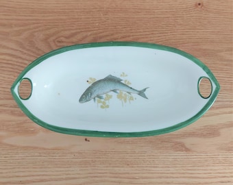 Vintage Porcelain Serving Fish Dish, Oval Plate with Fish Pattern