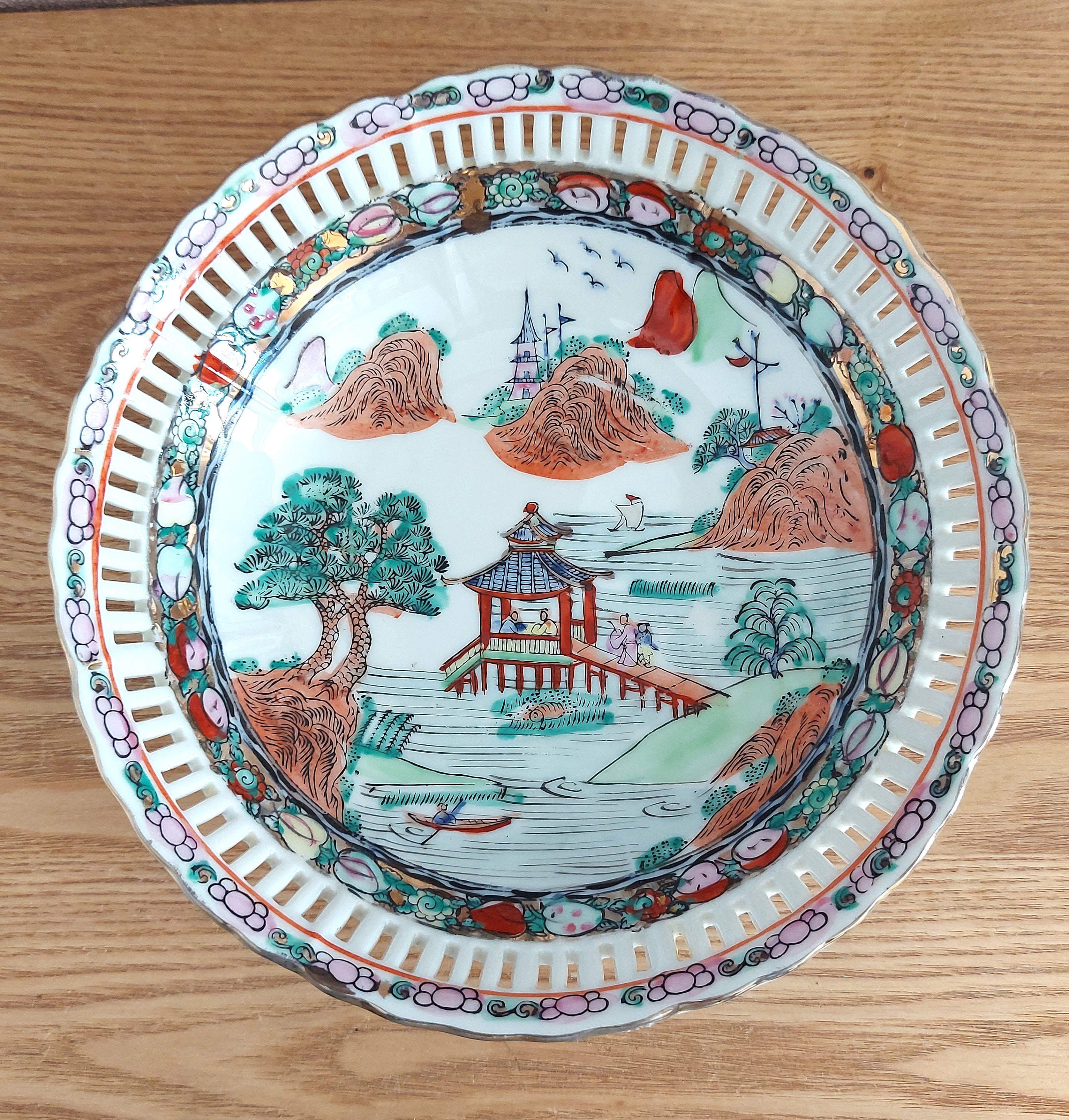 Vintage CHINESE Openwork Porcelain Plate, Asian Hand painted Plate, China