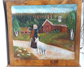 Vintage Relief Painting  Village scene , Countryside Art, Relief Art