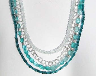 Necklace silver with aquamarine and apatite, beautiful