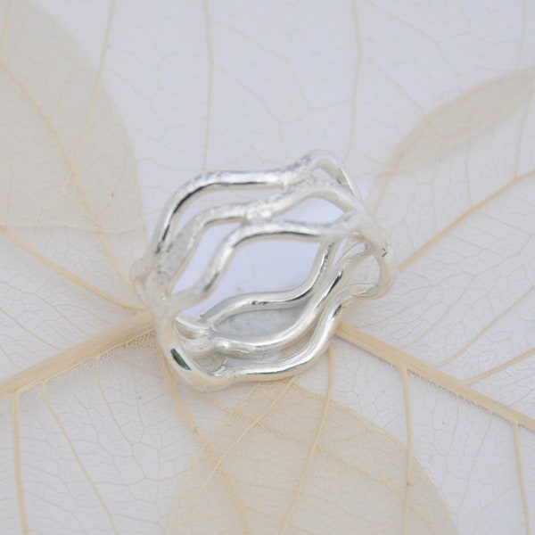 Silver ring made of 925 silver branded, delicate and elegant, three wavy silver lines as ring band, discreet and beautiful in vintage style