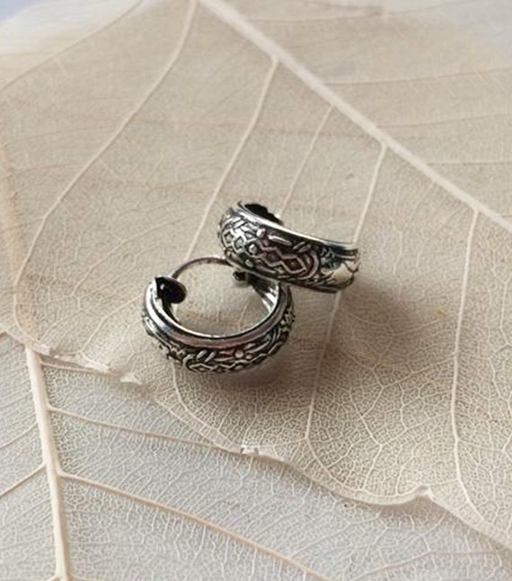 Small Hoop Earrings Narrow Band Made of 925 Silver 5 X 10 Mm With Small Embossed Ornaments Beautifully Playful With Snap Fastener Etsy