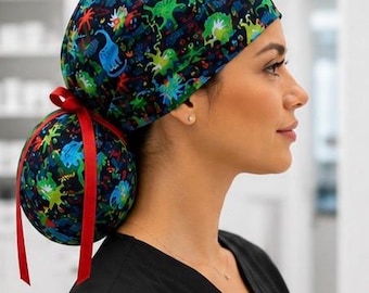 Dinosaur Scrub Cap | Fossil Fuel Energy Nurse Hat | Ponytail Surgical Cap with Ribbon Ties