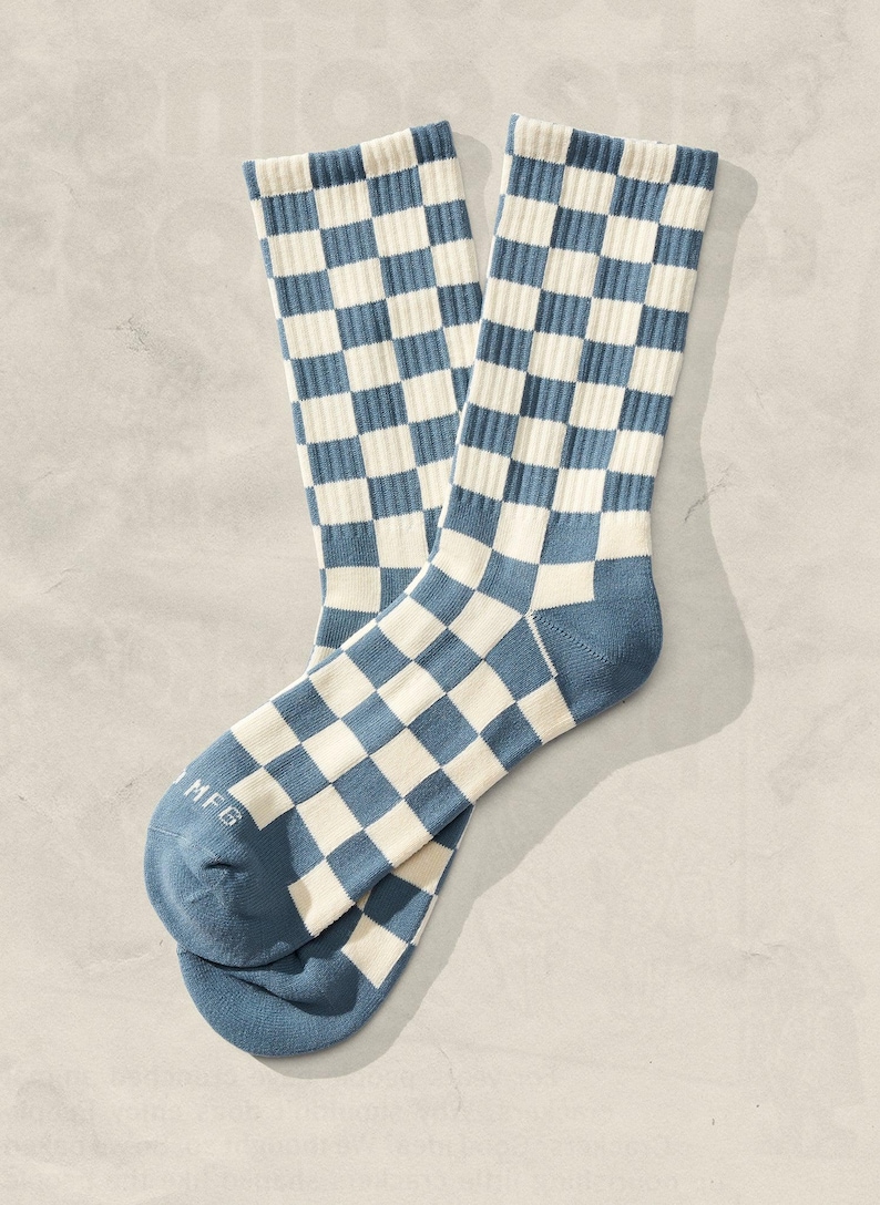 Streetwear Socks Skater Socks Checkered Socks Slate Blue and White Socks Fashion Socks Retro Socks Patterned Socks Crew Socks Casual Socks Trendy Socks Statement Socks Unisex Socks Gift