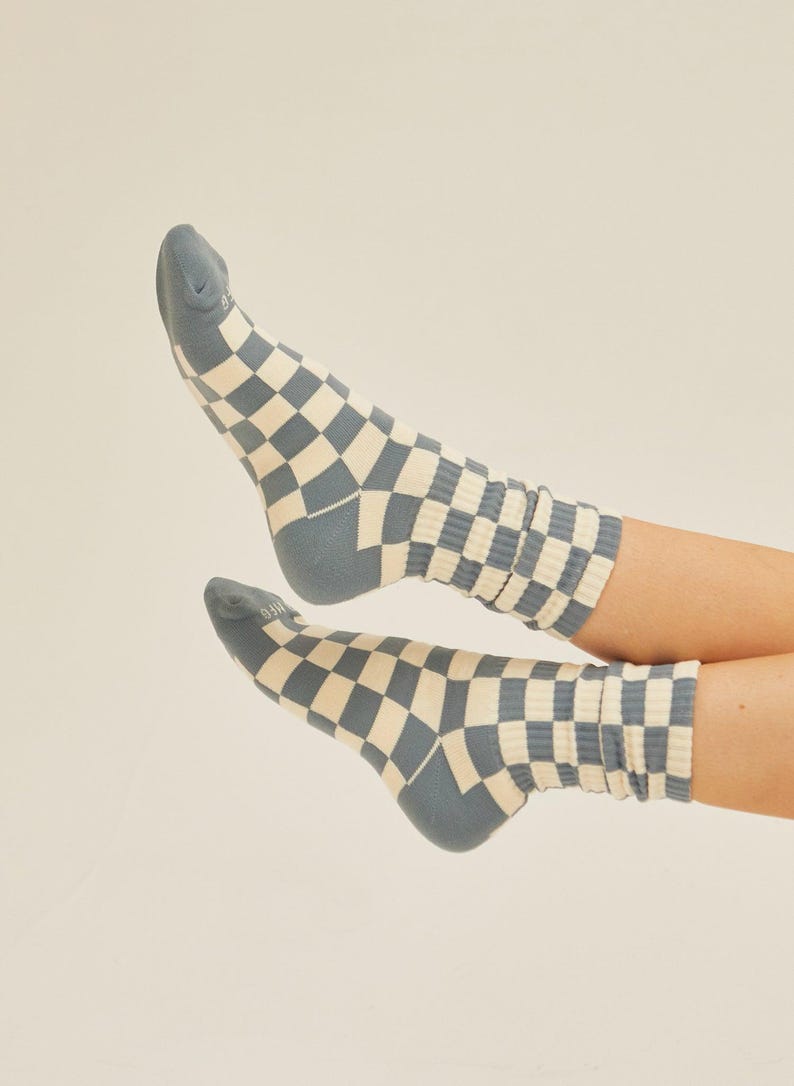 Checkered Socks Slate Blue and Cream Socks Crew Socks Skater Socks Unisex Socks Fashion Socks Statement Socks Trendy Socks Casual Socks Retro Socks Patterned Socks Comfortable Socks Gift