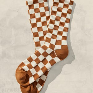 Crew Socks Checkered Socks Rust Off White Socks Patterned Socks Fashion Socks Statement Socks Trendy Socks Unique Socks Everyday Socks Comfortable Crew Socks Skater Socks Streetwear Accessories