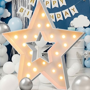 May include: A large, illuminated star-shaped marquee with warm white lights, surrounded by white, silver, and light blue balloons. A banner that reads "HAPPY BIRTHDAY" hangs in the background, suggesting a festive celebration.