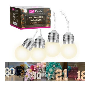 May include: A set of 10 white LED string lights with a 10 foot cord. The lights are in a clear glass bulb with a silver base. The lights are packaged in a pink and white box with the text "JW Passion 10FT Long LED String Lights 10 White Bulbs Indoor Decoration".