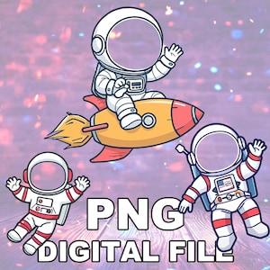 Op de afbeelding: Digitale PNG-bestand met drie cartoon-astronauten. Eén astronaut rijdt op een gele en rode raket, terwijl de andere twee in de ruimte zweven. De afbeelding bevat de tekst "PNG DIGITAL FILE".