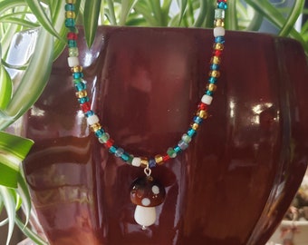 Multicolor Beaded Mushroom Necklace