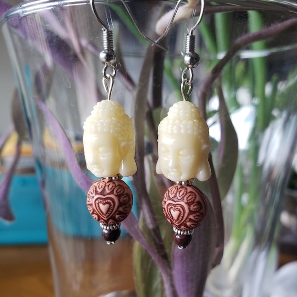 Ivory Resin Buddha and Carved Heart Resin Earrings