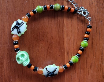 Spooky Green, Black and Orange Smiling Skull  and Spider Bracelet