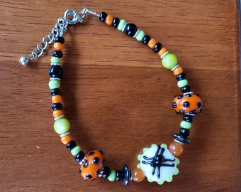 Spooky Orange, Black and Green Spider Bracelet