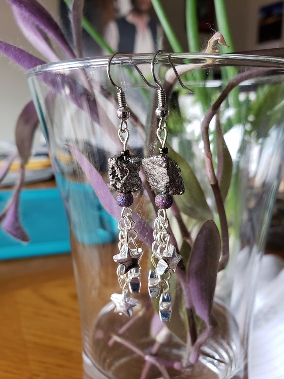 Silver Asteroid and Purple Meteor Shooting Star Earrings