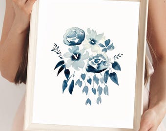 インディゴブルーの花柄アートプリント：ボヘミアン風植物イラスト