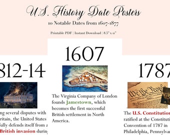 Puede incluir: Un póster imprimible con tres imágenes y texto sobre fechas importantes en la historia de los Estados Unidos. El póster presenta la fundación de Jamestown en 1607, la Guerra de 1812 y la ratificación de la Constitución de los Estados Unidos en 1787.