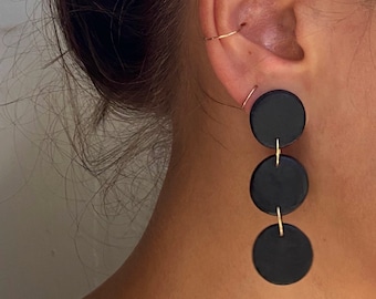 Black with Gold Accent Dangly Circle Ceramic Earrings