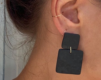 Black with Gold Ceramic Square Dangly Earrings