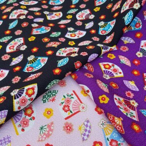Kyoto Yuzen Chirimen Crepe Fabric: Floral Fan Pattern