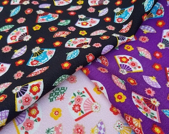 Kyoto Yuzen Chirimen Crepe Fabric: Floral Fan Pattern