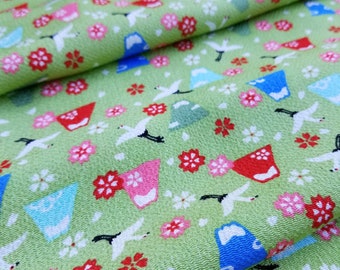 Kyoto Yuzen Chirimen Crepe Fabric - cranes, Mt Fuji and flowers in multiple colors