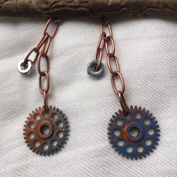 Dangly gear and bolt earrings