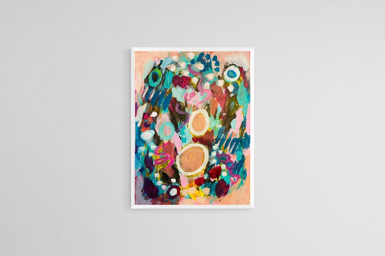 K&ouml;nnte beinhalten: Abstraktes Gem&auml;lde mit rosa Hintergrund und bunten Formen, darunter Kreise, Linien und Wirbel. Das Gem&auml;lde zeigt eine Vielzahl von Farben, darunter Blau, Gr&uuml;n, Gelb, Rosa und Rot.