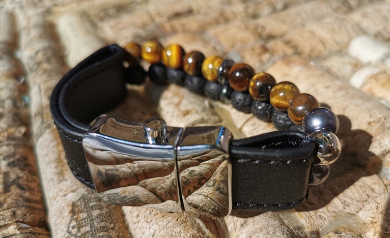 volcanic stone hematite and leather bracelet with stainless steel closure. eye of tiger Handmade semi-precious stones