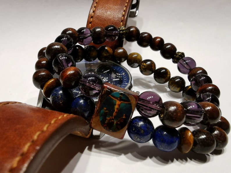 Handmade semi-precious stone and wood with the effigy of Christ bracelet.