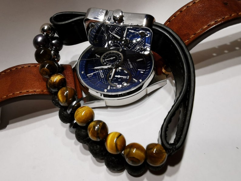 volcanic stone hematite and leather bracelet with stainless steel closure. eye of tiger Handmade semi-precious stones